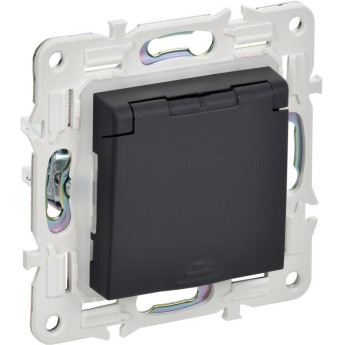 Розетка 1-постовая IEK SKANDY SK-R11G 16А IP44 с заземлением/защитные шторки, с крышкой, графит SK-R16-16-44-K53